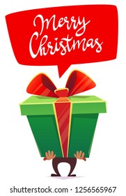 big huge gift package box with ribbon bow cartoon funny beautiful style . text calligraphy lettering Merry Christmas xmasposter card . vector illustration isolated on white