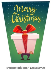 big huge gift package box with ribbon bow cartoon funny beautiful style . text calligraphy lettering Merry Christmas xmasposter card . vector illustration