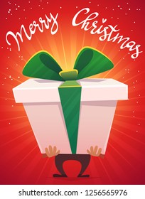 big huge gift package box with ribbon bow cartoon funny beautiful style . text calligraphy lettering Merry Christmas xmasposter card . vector illustration