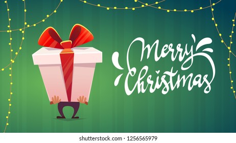 big huge gift package box with ribbon bow cartoon funny beautiful style . text calligraphy lettering Merry Christmas xmasposter card . vector illustration