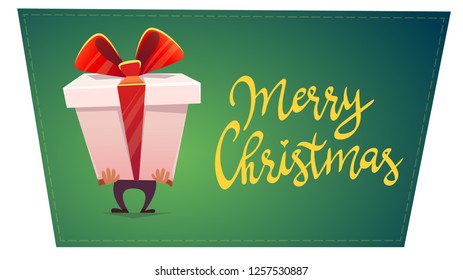 big huge gift package box with ribbon bow cartoon funny beautiful style . text calligraphy lettering Merry Christmas xmasposter card . vector illustration