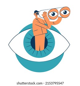 Big Human Eye And A Man With Binoculars. Business Goal Search Concept. The Eyes Look Ahead. Strategy Vision Of The Future.