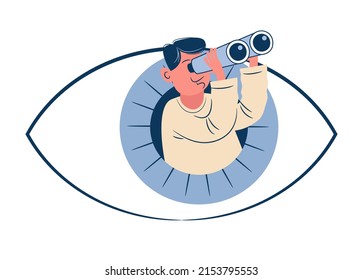 Big Human Eye And A Man With Binoculars. Business Goal Search Concept. The Eyes Look Ahead. Strategy Vision Of The Future.