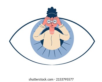 Big Human Eye And Woman With Binoculars. Business Goal Search Concept. The Eyes Look Ahead. Strategy Vision Of The Future.