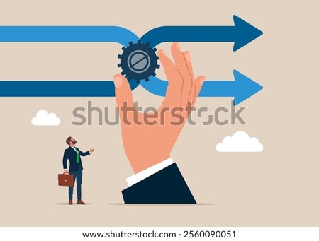 Big human hand change gears to change management. Modern flat vector illustration 