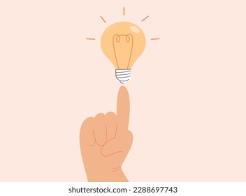 Big human Hand with an electric light bulb lamp. Growing business idea concept. Illustration of creative solutions, thinking and business ideas to make money online. Vector illustration