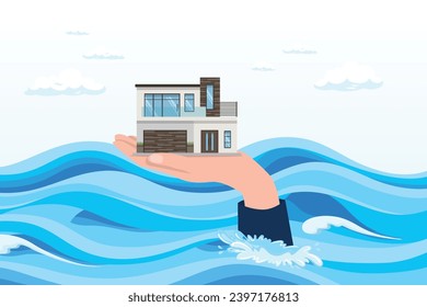 Gran ayuda de mano humana para vivienda por encima del nivel de agua de las inundaciones proteger de daños, protección del seguro de vivienda de desastres, seguridad y rescate de tormentas e inundaciones, cuidado del hogar (Vector)