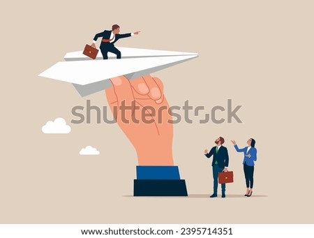 Big human hand hold paper plane with tiny business team. Vector illustration