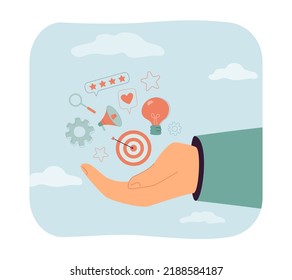 Gran mano humana sosteniendo megáfonos, bombillas y símbolos objetivo. Mano de la persona con elementos de marketing ilustración vectorial plana. Start-up, red social, concepto de creatividad para banner, sitio web