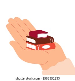 Big human hand holds stack of three books. Concept of donation, education and learning. Vector illustration of World Book Day