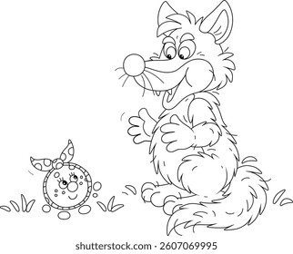 Big hungry wolf and cheerful freshly baked round loaf Kolobok talking on a path in a thicket of a fairytale forest, black and white outline vector cartoon illustration for a coloring book