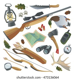 Big hunters stuff set. Weapon, rifle, bow, arrows, binoculars, magnifier, quiver, duck, radio, knife, lantern, antler, compass, map, axe, patron, footprints. Isolated design elements. Cartoon style.