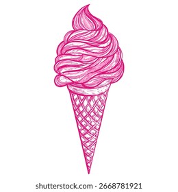 Gran cono de helado. Vector de tinta rosa aislado ilustración en estilo de línea de boceto.