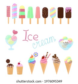 Big Ice cream vector set isolated on white background. Cold dessert collection. Ice creams of different tastes and types are decorated with chocolate, sprinkle, cream and berries. 