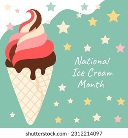 Big ice cream in a waffle cone and stars. Lettering National Ice Cream Month. 