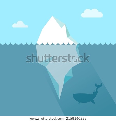 Big iceberg floating in ocean with huge underwater part and whale silhouette. North antarctic coast. Vector illustration in trendy flat style.