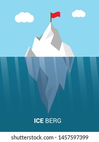 Big iceberg floating on water with underwater part and red flag. flat design.