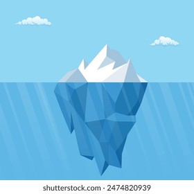 Big iceberg floating on water waves with underwater part. Vector illustration in flat design