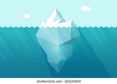 Big iceberg floating on water waves with underwater part vector illustration flat cartoon style