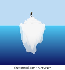 Big iceberg floating on water waves with penguin