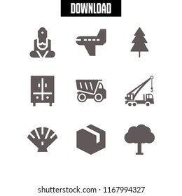 big icon. 9 big vector set. box, dumper, airplane and construction transport tool with a crane icons for web and design about big theme