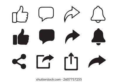 Big icon  Collection. Share, Comment, Like, Love, heart, Name, Paper plane, Save, Notification icon set  Collection. Arrows icon. Vector Illustration Eps 10
