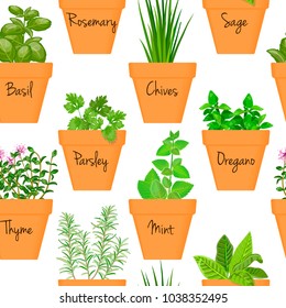 Big icon seamless pattern vector set of culinary herbs in orange terracotta clay pots with labels. Green growing basil, sage, rosemary, chives, thyme, parsley, mint, oregano with text. Gardening.