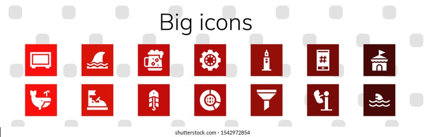 big icon set. 14 filled big icons.  Collection Of - Big screen, Whale, Shark, Bumper car, Dark beer, Bait, Data, data, Clock tower, Funnel, Hashtag, Amusement park, Circus icons