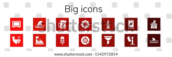 big icon\
set. 14 filled big icons.  Collection Of - Big screen, Whale,\
Shark, Bumper car, Dark beer, Bait, Data, data, Clock tower,\
Funnel, Hashtag, Amusement park, Circus\
icons