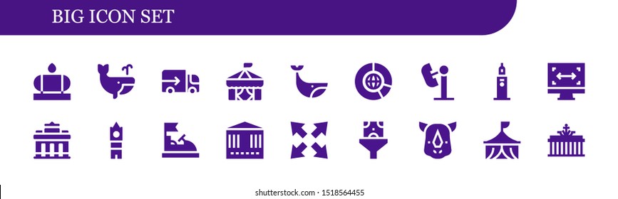 big icon set. 18 filled big icons.  Simple modern icons about  - Water tank, Whale, Lorry, Circus, Big data, Amusement park, Clock tower, Size, Brandenburg gate, ben, Bumper car