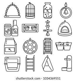 Big Icon Set Of Accessories For Parrot, Canary Or Other Bird In Cage. Pet Supplies Collection In Thin Line Style.