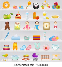 Big Icon set: Baby. Baby things (clothes, food, toys, books and other stuff) on a shelves. Vector detailed illustrations