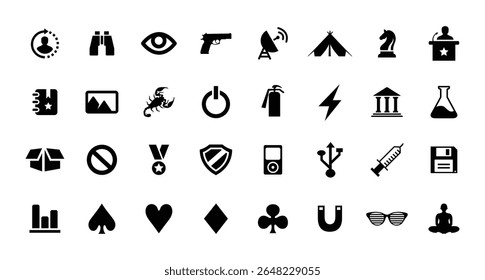 Großes Symbolset. Schach, Auge, Waffe, Bank, Box, Bild, Binokular, Leiter, Reden, Tagebuch, Schild, Feuerlöscher, Magnet-Icons, Vektorgrafik