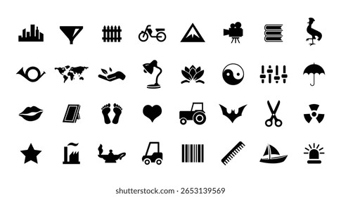 Big Icon Set. City, World Map, Love, Book, Library, Factory, Umbrella, Filter, Chicken, Scissor, Boat, Star, Foot Icons Vector Illustration