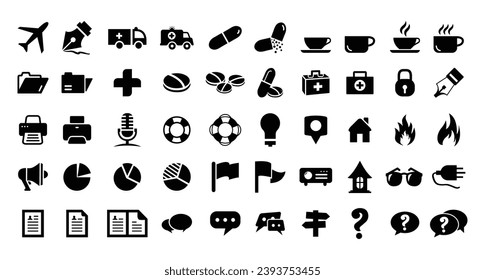 Big Icon Set: Coffee, Marketing, Medical, Ambulance, Analysis, Drags, Document, Lifebuoy, Fountain pen, House, Presentation And Many More.