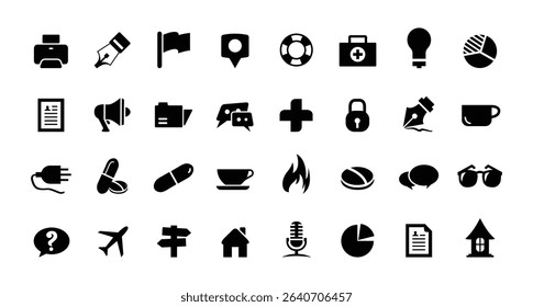 Big Icon Set. Coffee, Marketing, Doctor, Health, Drags, File, CV, Printer, Projector, Writer, Airplane, Fire, Microphone, Sunglasses, Massage, Pie Icons Vector Illustration