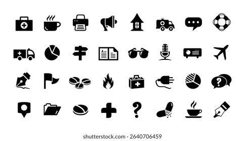 Big Icon Set. Coffee, Marketing, Doctor, Health, Drags, File, CV, Printer, Projector, Writer, Airplane, Fire, Microphone, Sunglasses, Massage, Pie Icons Vector Illustration