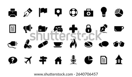 Big Icon Set. Coffee, Marketing, Doctor, Health, Drags, File, CV, Printer, Projector, Writer, Airplane, Fire, Microphone, Sunglasses, Massage, Pie Icons Vector Illustration