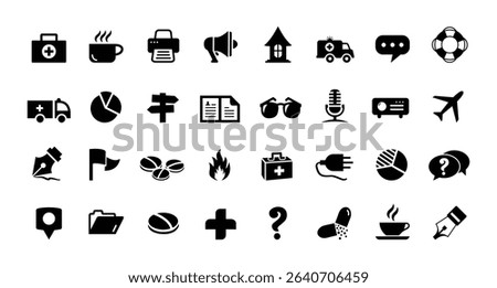 Big Icon Set. Coffee, Marketing, Doctor, Health, Drags, File, CV, Printer, Projector, Writer, Airplane, Fire, Microphone, Sunglasses, Massage, Pie Icons Vector Illustration
