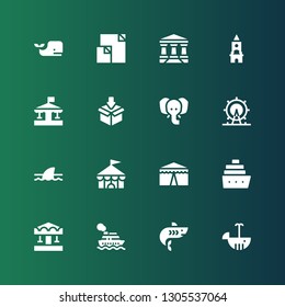 big icon set. Collection of 16 filled big icons included Whale, Shark, Cruise, Carousel, Circus, London eye, Elephant, Packing, Clock tower, Parthenon, Data