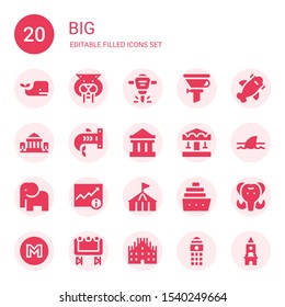 big icon set. Collection of 20 filled big icons included Whale, Saber toothed tiger, Hydraulic breaker, Funnel, Shark, Parthenon, Carousel, Elephant, Data, Circus, Cruise, Mammoth