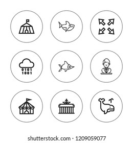 Big icon set. collection of 9 outline big icons with brandenburg gate, binary, circus, maximize, shark, statue, swordfish icons. editable icons.