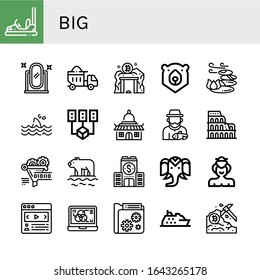 big icon set. Collection of Bumper car, Full length mirror, Dumper, Data mining, Bear, Stones, Shark, Temple, Fisherman, Coliseum, Funnel, Polar bear, Company, Wild life icons