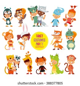 Big Icon Set Of Cute Boys And Girls In Animals Costumes For Masquerade Party. Kids As Rabbit, Monkey, Giraffe, Mouse, Tiger, Cat, Panda Bear,koala, Wolf,fox. Vector Illustrations Isolated On White Background