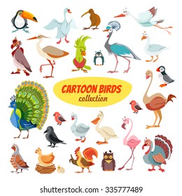 Big icon set of cute cartoon birds from around the world.Vector illustration isolated on white background