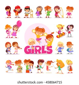 Big icon set of cute cartoon girls for your design. Girls in various actions:girl running,jumping,going to school,singing,riding skate,painting,playing music,reading. Vector illustration