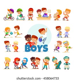 Big icon set of cute cartoon boys for your design. Boys in various actions:boys running,jumping,learning,going to school,playing soccer,hockey,riding bike. Vector illustration isolated