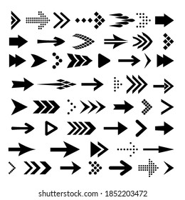 Big Icon Set of Flat Black Arrows. Isolated Arrow Icon Set Collection for Back and Next User Interface Icons. Different Shape Concept for Previous or Forward Minimal Web Buttons on White