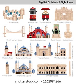 Big Istanbul’s icon set illustration in flat style with most popular historical famous places symbols, sight. Palaces, bridge, mosques, monuments and landmarks.