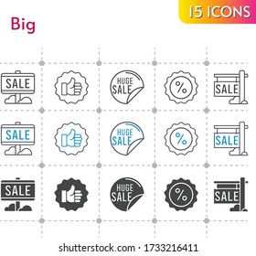big icon set. included sale, like, discount icons on white background. linear, bicolor, filled styles.